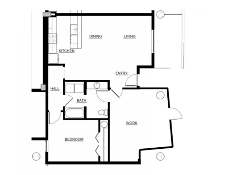 A black and white floor plan of a house with labeled rooms.
